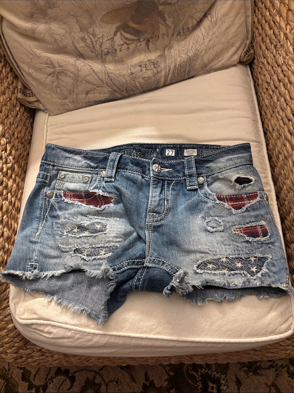 Miss Me Distressed Light Blue Denim Shorts with American Flag Patchwork